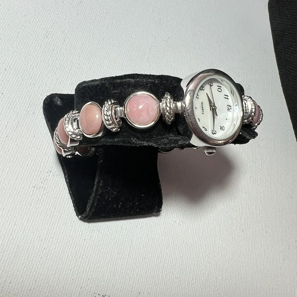 CLASSIC‎ VINTAGE STERLING SILVER CORAL COLOR QUARTZ WATCH 7.25